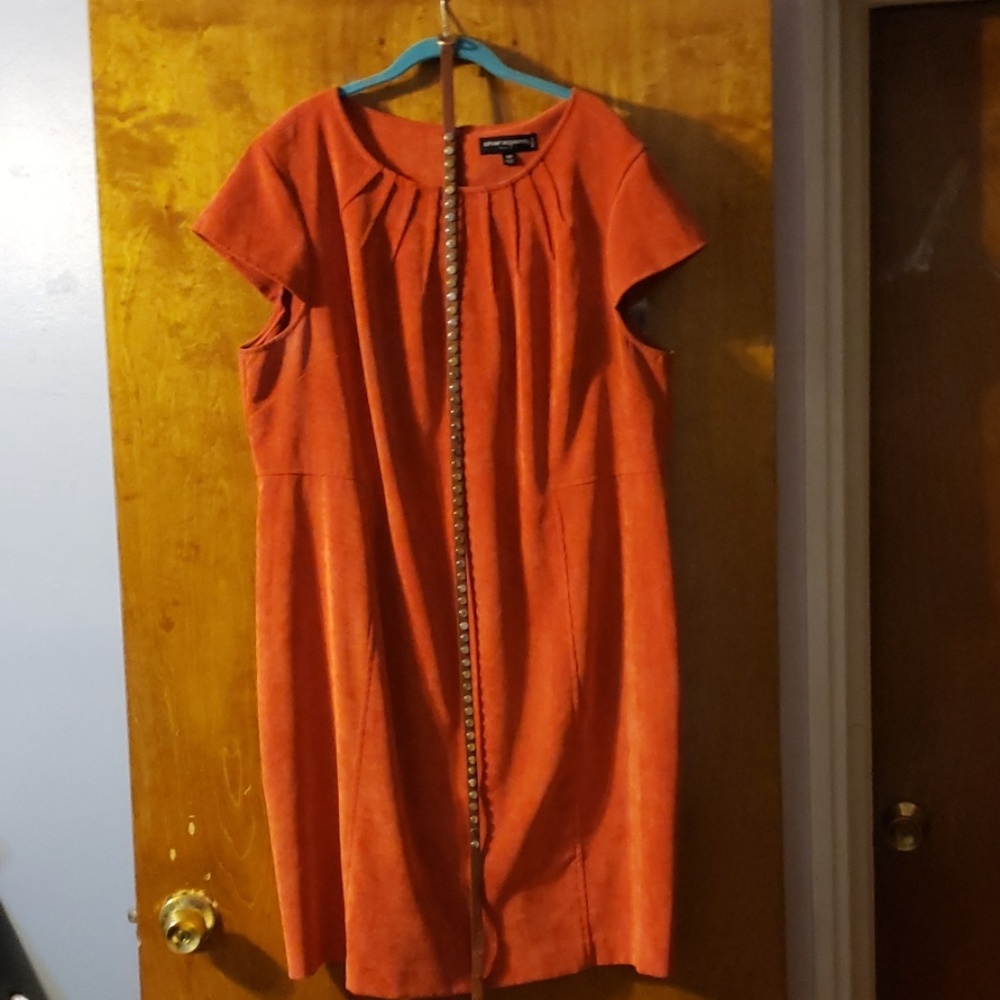 Orange corduroy dress with gold studded belt
